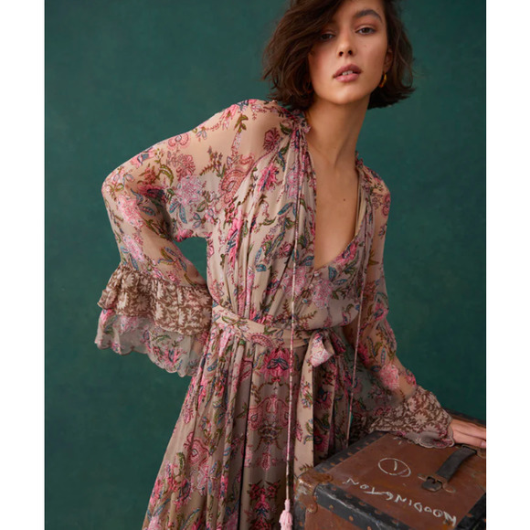 Hemant & Nandita Fara Paisley Floral  Pink & Tan Boho Tie Waist Dress M - Picture 2 of 12